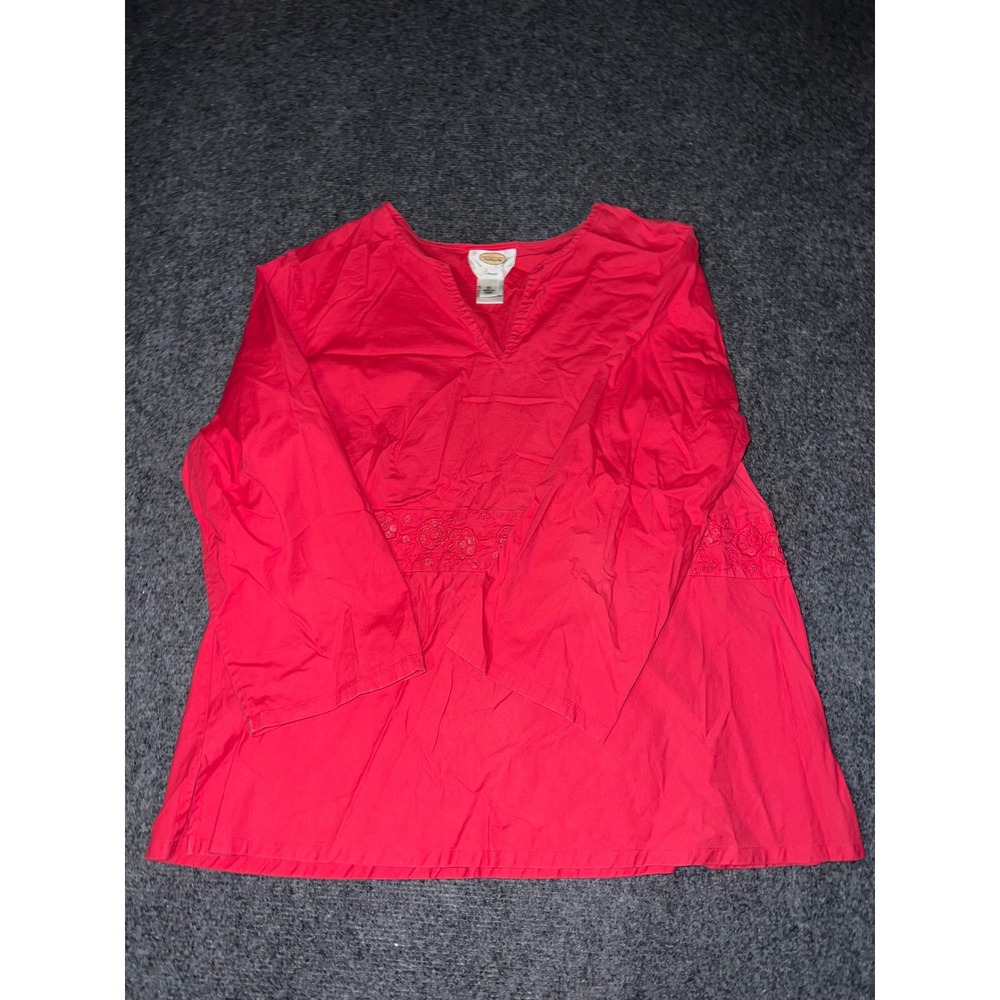 Talbots Red Cotton Stretch Tunic Top XL Embroidered Sequin Waist Split V-Neck